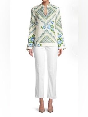 Tory Burch Terrace Ditsy Floral Tunic White Blue Green 100% Cotton Size 6